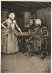 Ele encontrou os velhos burgueses, e ainda mais suas esposas, ricos naquele amor lendário tão inestimável para a verdadeira história. de Rip Van Winkle por Washington Irving, pub. 1910