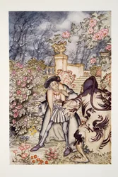 Ele ouviu um barulho alto, e viu vindo em sua direção uma fera, tão assustadora de se ver que ele estava pronto para desmaiar de medo, do The Arthur Rackham Fairy Book, pub. 1933