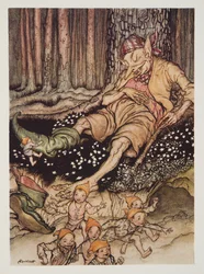 Hop-o-meu-polegar subiu para o Ogre suavemente e tirou suas botas de sete léguas, do bar do Arthur Rackham Fairy Book. 1933