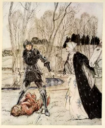 Como Beaumains derrotou o Cavaleiro Vermelho e sempre a donzela falou muitas palavras palavrões para ele, ilustração de "O romance do Rei Arthur e seus cavaleiros da Távola Redonda", de Alfred W. Pollard, 1910