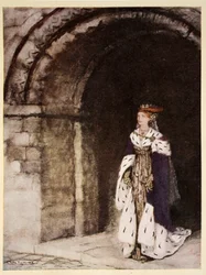 Como a dama da Lionesse saiu disposta como uma princesa, ilustração de "O romance do rei Arthur e seus cavaleiros da Távola Redonda", de Alfred W. Pollard, 1910