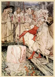 Como Galahad tirou a espada da pedra flutuante em Camelot, ilustração de "O romance do Rei Arthur e seus cavaleiros da Távola Redonda", de Alfred W. Pollard, 1910