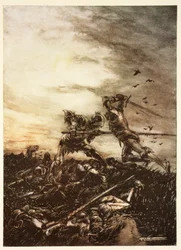 Como Mordred foi morto por Artur e como Arthur foi ferido até a morte, ilustração de "O Romance do Rei Artur e Seus Cavaleiros da Távola Redonda", de Alfred Pollard.
