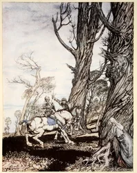Como Sir Lancelotot matou o cavaleiro Sir Peris de Forest Savage que afligiu as damas, as donzelas e as gentis, como ilustração de "O romance do rei Artur e seus cavaleiros da Távola Redonda" de A