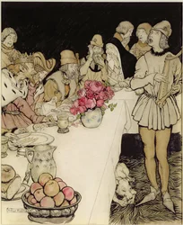 Como em uma grande festa que o rei Marcos fez veio Eliot o harpista e cantou o leigo que Dinadan tinha feito (caneta e tinta, wc)