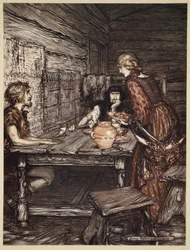 Hunding descobre a semelhança entre Siegmund e Sieglunde, ilustração de "O Reno e a Valquíria", 1910