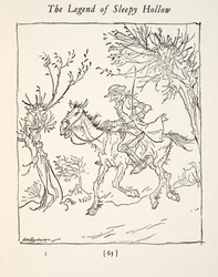 Ichabod Crane escapando do Cavaleiro Sem Cabeça, de The Legend of Sleepy Hollow por Washngton Irving (1783 - 1859), pub. 1928