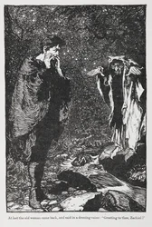 Ilustração de Jorinda e Joringel de Zachiel e da mulher idosa.