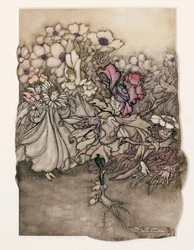 Ilustração de Peter Pan em Kensington Gardens por JM Barrie (1860-1937) 1906 (caneta e tinta com wc no papel)