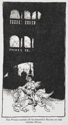 Ilustração de The Golden Bird quando o príncipe transporta a donzela a cavalo.