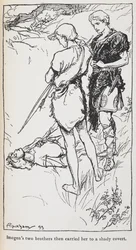 Ilustração de Imogen e dos seus irmãos da Cymbeline.