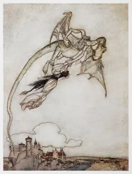 Ilustração de um dragão carregando a princesa de Os Quatro Irmãos Espertos.