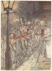 Ilustração de uma cena de rua na véspera de Natal com Bob Cratchit e crianças.