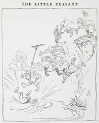 Ilustração de homens que saltam de um penhasco para uma lagoa de The Little Peasants.
