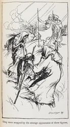 Ilustração das três bruxas, Macbeth e Banquo.