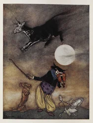 Ilustração de uma rima de berçário. Uma vaca a saltar sobre a Lua. Um gato a tocar um violino. Um cão. Um prato a fugir com uma colher.