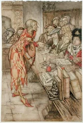 "In did did come the strangest figure", ilustração de "The Pied Piper of Hamelin", de Robert Browning (1812-89), versão publicada em 1929 (aquarela com caneta e tinta sobre papel)