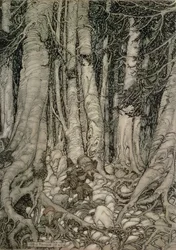 Na floresta com um barril de Rip Van Winkle escrito por Washington Irving (1783-1859), 1905