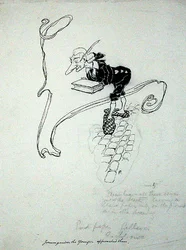 Jorumgander, o Jovem, deixou a sua loja e aproximou-se deles com uma caixa de canetas que ofereceu para venda", ilustração de "The Zankiwank and the Bletherwitch", de S.J. Adair Fitzgerald, publicada em 1896 (caneta e tinta sobre papel)