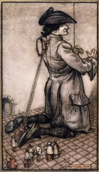 Alfaiates liliputianos medindo Gulliver para fazer-lhe um fato novo, ilustração de Arthur Rackham (1867-1939) de Gulliver