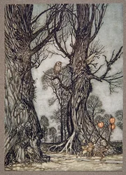 Linkmen correndo na frente carregando cerejas de inverno, de Peter Pan em Kensington Gardens por JM Barrie (1860 - 1937), pub. 1906