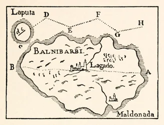 Mapa de Laputa (ilha voadora no canto superior direito) e Balnibarbii (porto principal Maldonada), da parte III: Uma viagem a Laputa, Balnibarbi, Luggnagg, Glubbdubdrib e Japão em As Viagens de Gulliver, de Jonathan Swift