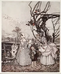 Mãe e filhos voltando de recolher maçãs, de Rip Van Winkle por Washington Irving, pub. 1910