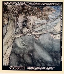"Minha vida se tornou uma corrida incessante e ferida e fuga, um fardo e angústia de vigilância", ilustração de "Irish Fairy Tales", de James Stephens, 1920