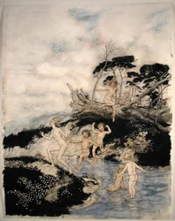 "Oh que boa altura para estar vivo", ilustração de "A Wonder Book" de Nathaniel Hawthorne, publicado em 1922 (caneta e tinta e aguarela sobre papel)
