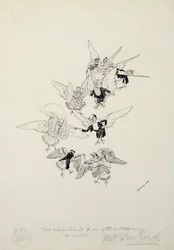 Uma das mais belas danças que você já viu, ilustração de The Zankiwank and the Bletherwitch, de SJ Adair Fitzgerald, publicada em 1896 (caneta e tinta)