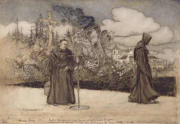 Padre Alonzo assistiu ele fora de vista, ilustração de boa noite por Eleanor Gates, 1907 (caneta e tinta & wc no papel)
