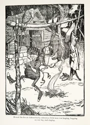 Em volta do fogo, um homenzinho indescritivelmente ridículo saltava, pulava de um lado para o outro e cantava no pub The Fairy Tales ofthe Brothers Grimm. 1909