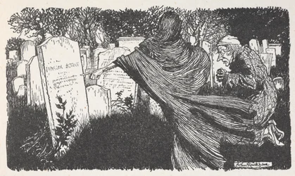 Scrooge e um fantasma num cemitério à noite.
