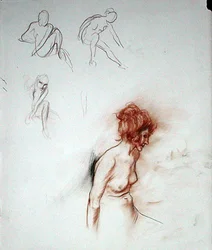 Sentado Nú (caneta, tinta, sangue e giz preto sobre papel)