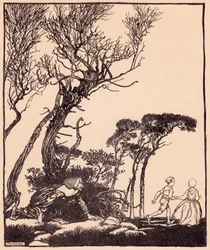 Ela rastejou atrás deles secretamente, como as bruxas se rastejam. Ilustração de Arthur Rackham de Grimm