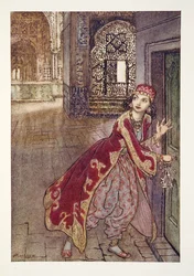 Ela pegou a pequena chave e abriu a porta, tremendo, do pub The Arthur Rackham Fairy Book. 1933