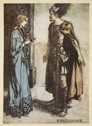 Siegfried entrega o chifre de beber de volta a Gutrune, e a contempla com uma paixão repentina, ilustração de "Siegfried and the Twilight of the Gods", 1924