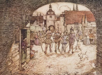 Então os quatro irmãos pegaram seus gravetos nas mãos, despediram-se do pai e saíram do portão da cidade, dos contos de fadas dos Irmãos Grimm, pub. 1909