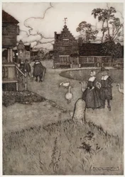 Algumas das casas dos colonos originais., De Rip Van Winkle por Washington Irving, bar. 1910