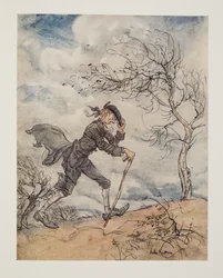 Andando ao longo do perfil de uma colina em um dia ventoso .., de The Legend of Sleepy Hollow por Washington Irving (1783 - 1859), pub. 1928