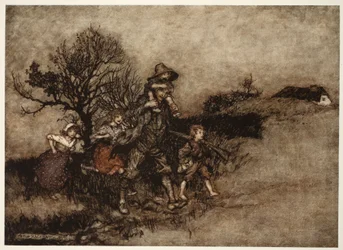 Cercado por uma tropa de crianças, de Rip Van Winkle por Washington Irving, pub. 1910