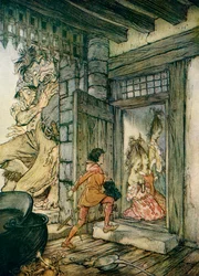 Depois de pegar nas chaves do castelo, Jack abriu todas as portas, ilustração para «Jack, o Mata-Gigantes», de «Contos de Fadas Ingleses Recontados por F. A. Steel»
