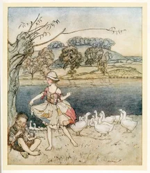 Esfarrapados dançando enquanto o goosherd canta, de English Fairy Tales, pub. 1922.