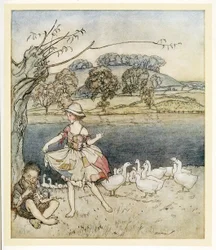 Tattercoats dançando enquanto os cachimbos goosherd, de Inglês Fairy Tales, pub. 1922