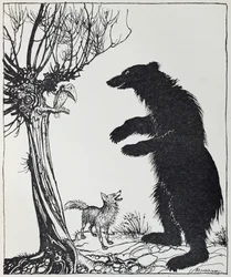 O Urso e a Raposa, ilustração de &39;Fábulas de Esopo&39;, publicada por Heinemann, 1912