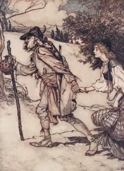 O mendigo pegou-a pela mão e levou-a para longe dos contos de fadas dos Irmãos Grimm, pub. 1909