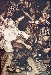 Os anões, quando chegaram à noite, encontraram Snowdrop no chão, de The Fairy Tales dos irmãos Grimm, pub. 1909