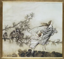 As fadas têm seus Tiff com os pássaros, ilustração de 1906 para Peter Pan em jardins de Kensington por JM Barrie, bar. 1906 (tinta e wc)