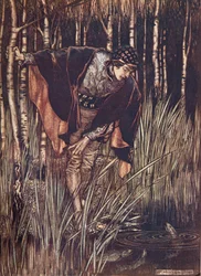 Os Peixes, em sua alegria, estenderam suas cabeças acima da água e prometeram recompensá-lo, do conto The Fairy Tales dos irmãos Grimm. 1909