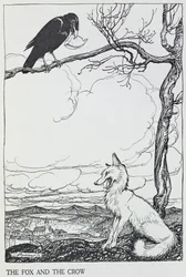 A Raposa e o Corvo, ilustração de &39;Fábulas de Esopo&39;, publicada por Heinemann, 1912 (gravura)
